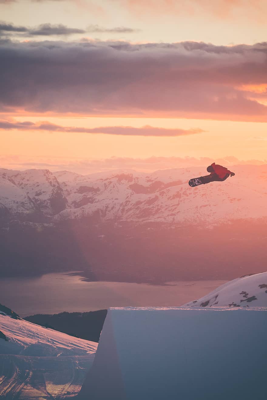 Snowboarder In Flight Nature Sunset Mountain Dusk Sky Snow Ocean Grey Sport Snow Capped Anyrgb