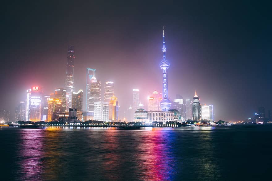 Shanghai Skyline Night City Buildings Skyscrapers Water Lights Architecture Business Fog Anyrgb
