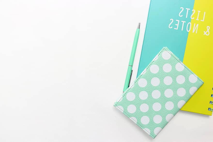 Flatlay Feminine Desk Polka Dots Pen Passport Notebook Diary Turquoise Yellow Anyrgb anyrgb